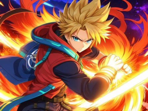 Fiery Anime Warrior with Sword in Dynamic Battle Pose