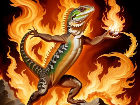 Fiery Anthropomorphic Lizard Mastering Flames