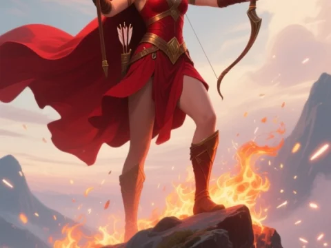 Fiery Archer Woman Standing on Mountain Peak
