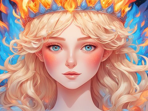 Fiery Blonde Queen with Blue Eyes and Flaming Crown