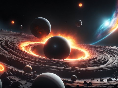 Fiery Cosmic Black Hole with Orbiting Planets