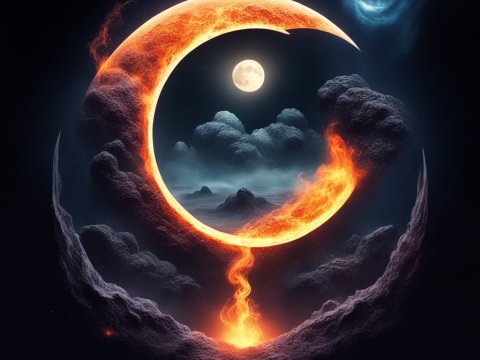 Fiery Crescent Moon with Mystical Night Sky