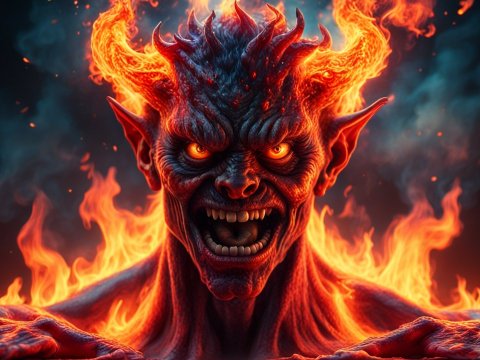 Fiery Demon with Glowing Horns and Intense Gaze