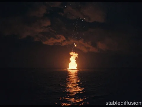 Fiery Explosion on Dark Ocean at Night
