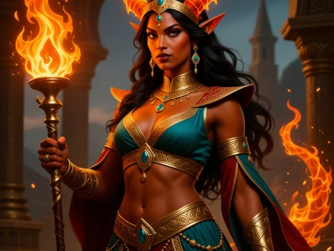 Fiery Fire Genasi Sorceress with Glowing Horns