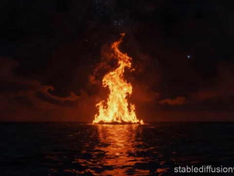Fiery Flame Rising from Dark Ocean at Night