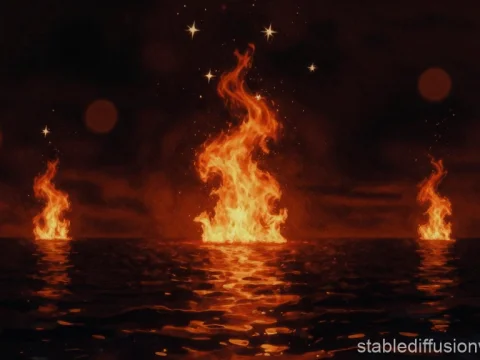 Fiery Flames Rising from Dark Ocean at Night
