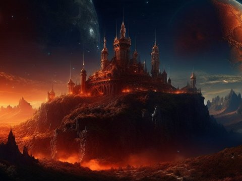 Fiery Fortress on an Alien Planet with Twin Moons