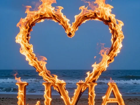 Fiery Heart and LIVIA Letters on Beach at Dusk
