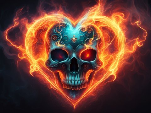 Fiery Heart-Shaped Skull with Ethereal Flames