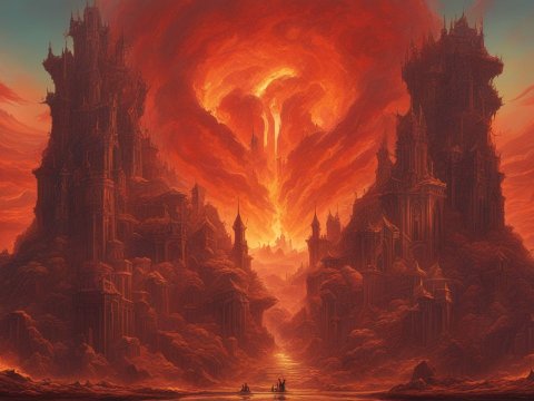Fiery Hellscape with Gothic Towers and Lava River