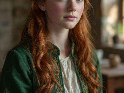 Fiery Irish Lass in Traditional Green Dress