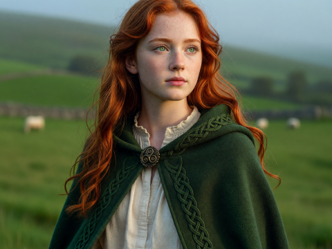 Fiery Irish Maiden in Traditional Cloak