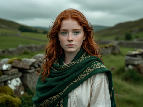 Fiery Irish Maiden in Traditional Green Shawl