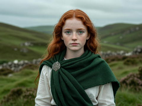 Fiery Irish Maiden with Timeless Gaze in Lush Countryside