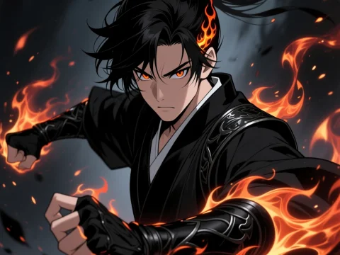 Fiery Martial Artist in Dark Fantasy Anime Style