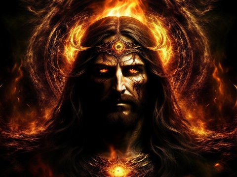 Fiery Mystic with Glowing Eyes and Crown of Flames