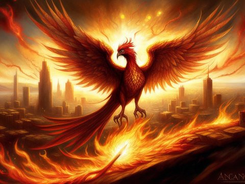 Fiery Phoenix Rising Over a Burning Cityscape