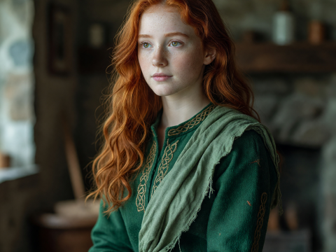 Fiery Redhead Celtic Lass in Traditional Green Attire