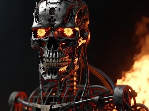 Fiery Robotic Skull with Glowing Eyes