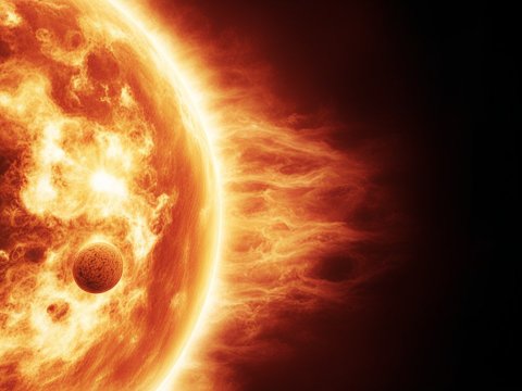 Fiery Sun with Orbiting Planet in Space