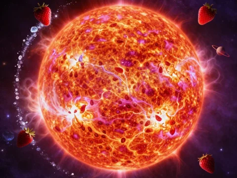 Fiery Sun with Orbiting Strawberries in Space