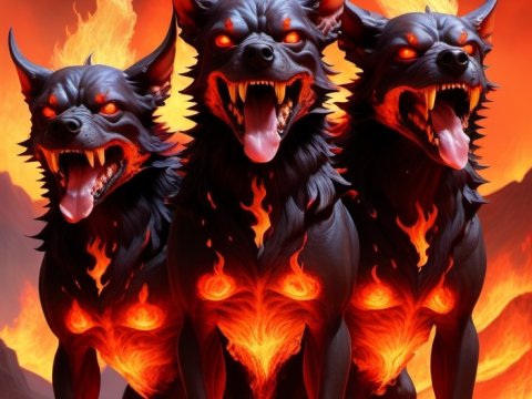 Fiery Three-Headed Hellhound with Flaming Manes