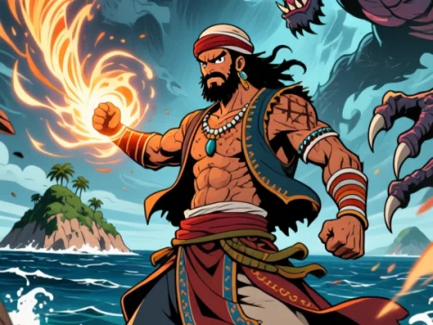 Fiery Warrior Facing a Demonic Beast on the Beach