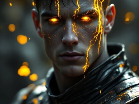 Fiery Warrior with Glowing Eyes and Cracked Armor