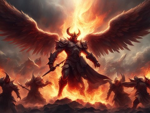 Fiery Winged Demon Warrior Leading an Army