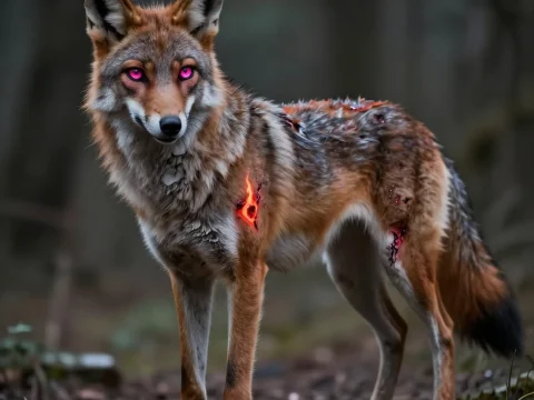 Fiery Wolf Demon with Glowing Pink Eyes in Forest