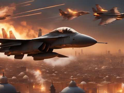 Fighter Jets Flying Over a City at Sunset