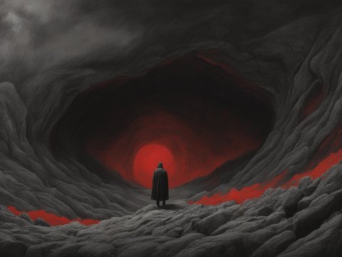 Figure Facing the Red Abyss in a Dark Cavern