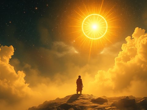 Figure Gazing at a Radiant Celestial Sun Amidst Golden Clouds