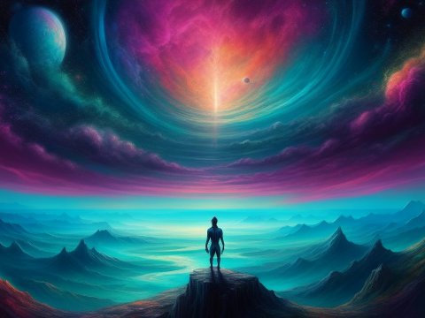 Figure Gazing at Cosmic Vortex Over Alien Landscape