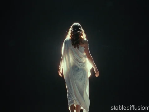 Figure in White Robe Illuminated in Cosmic Darkness