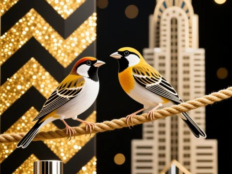Finches Perched Against Art Deco Cityscape with Gold Accents