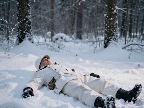 Finnish Sniper Resting in Snowy Winter Forest