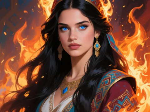 Fire Princess with Blue Eyes in Turkic-Inspired Attire