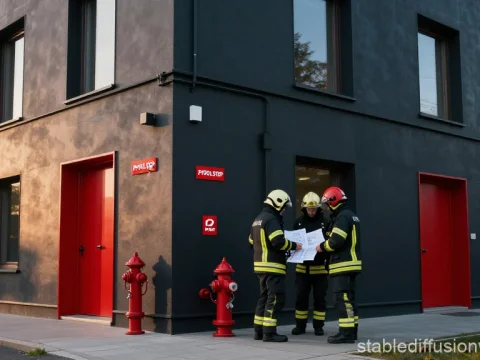 Fire Safety Inspectors Reviewing Plans Outside Modern Building