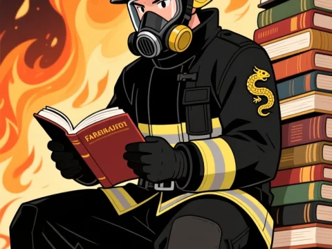 Firefighter Reading Books Amid Flames