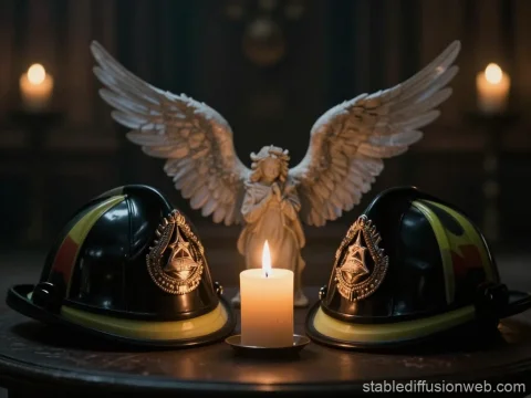 Firefighter Tribute with Angel Statue and Candlelight