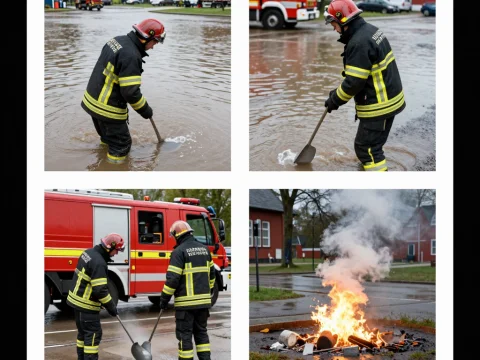Firefighters Managing Flood and Fire Emergency
