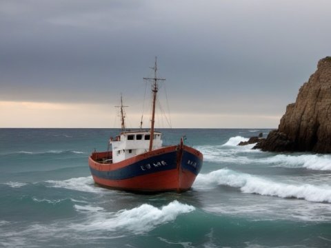 Fishing Boat Near Rocky Shore on a Cloudy Day