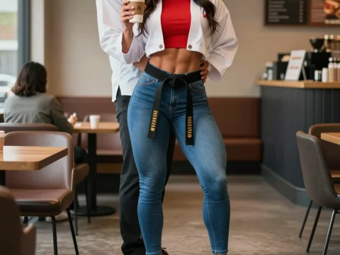 Fit Woman in Casual Outfit Holding Coffee in Cafe