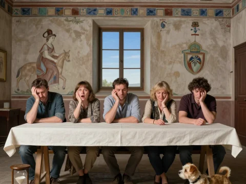 Five People Sitting Bored at a Medieval-Style Table with Dog