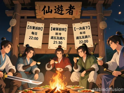 Five Swordsmen Sharing a Meal by the Campfire