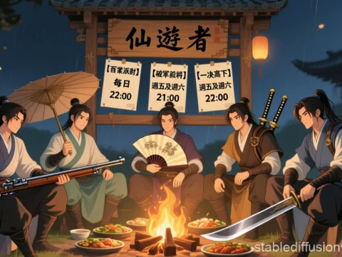 Five Warriors Gathered Around a Campfire in Traditional Attire