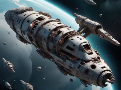 Fleet of Massive Spaceships Orbiting a Blue Planet