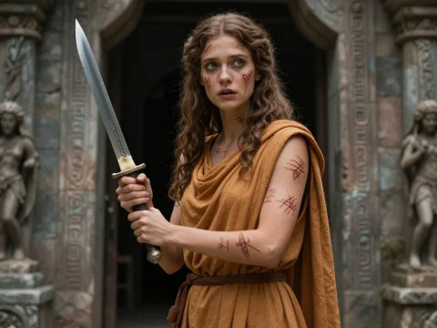 Flesh Cult Initiate Holding Sword in Ancient Temple